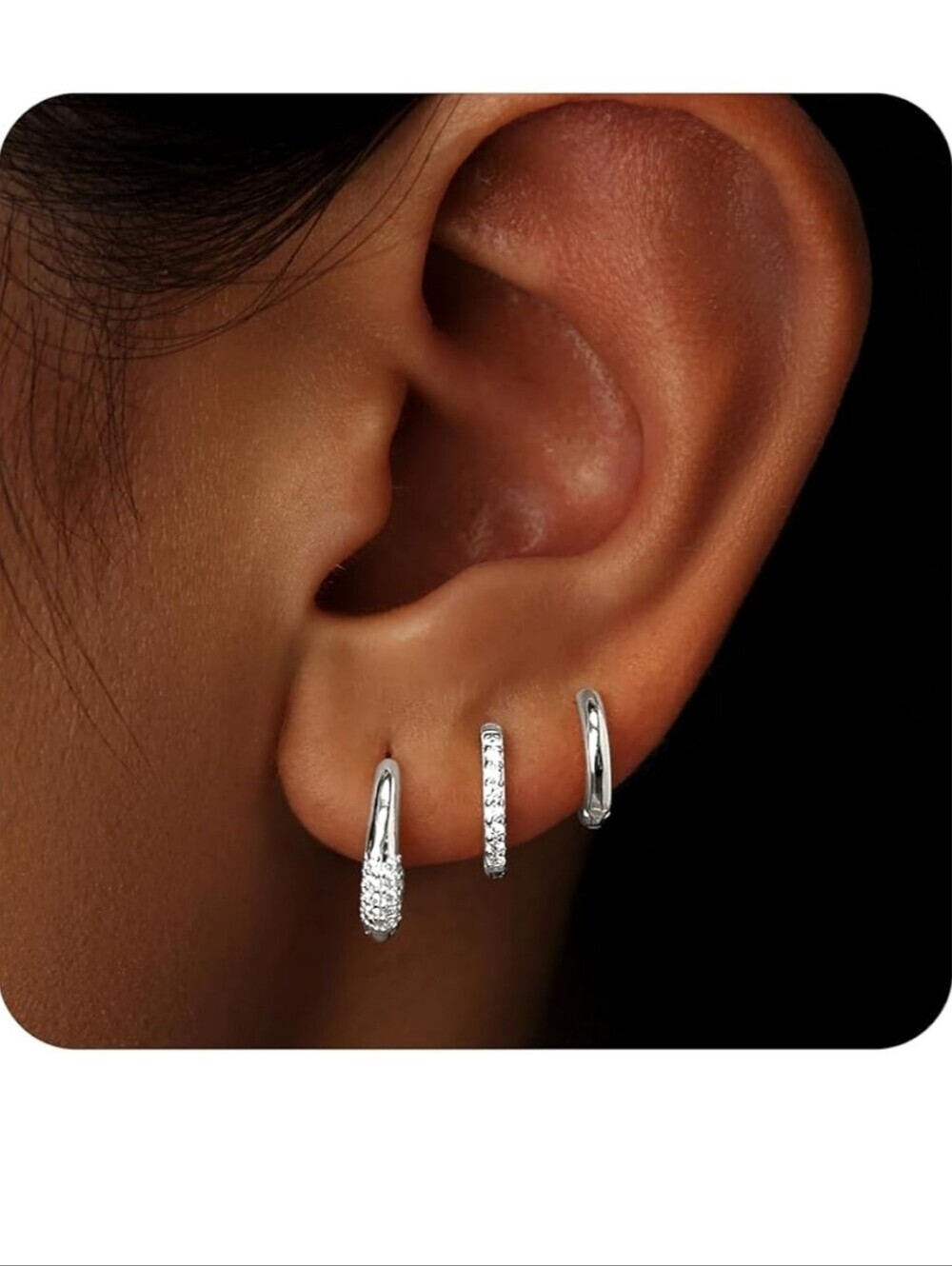 Sterling Silver Pavé and Plain Hoop Earring Set - Silver